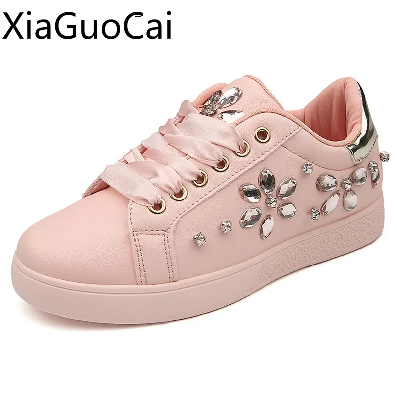 

Brand Crystal Women Casual Sheos Pink Cute Female Flat Casual Shoes Spring and Autumn Pu Leather Student Shoes Lu10 35