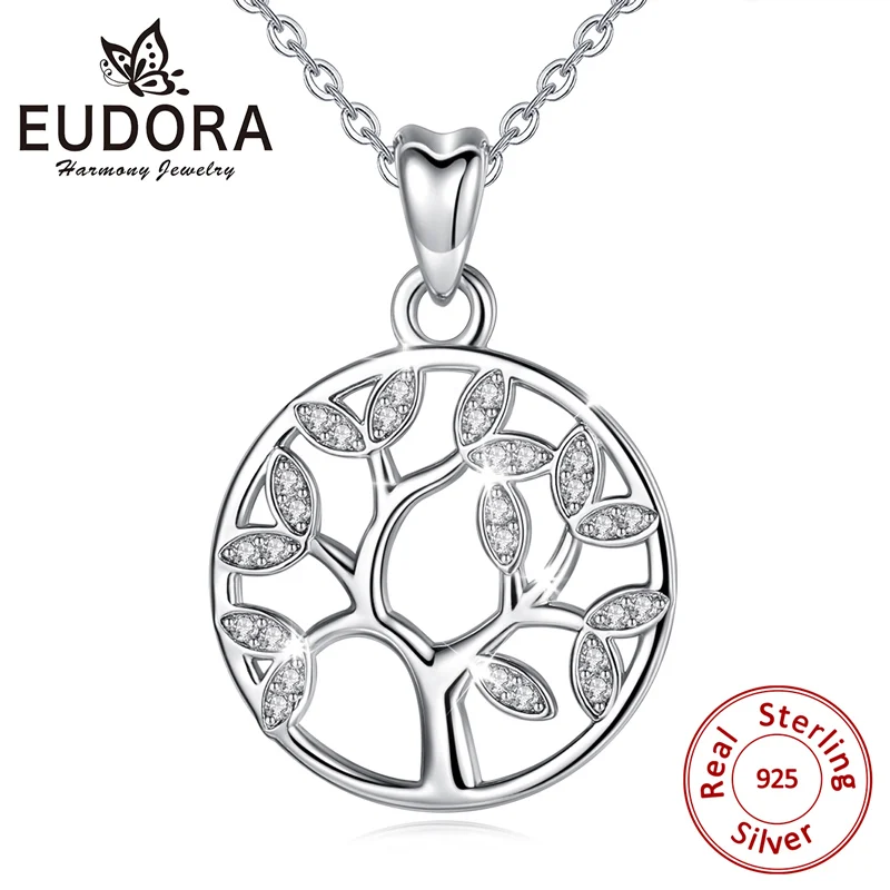 EUDORA 925 ожерелье из чистого серебра Кристалл CZ Дерево жизни подвески ожерелья