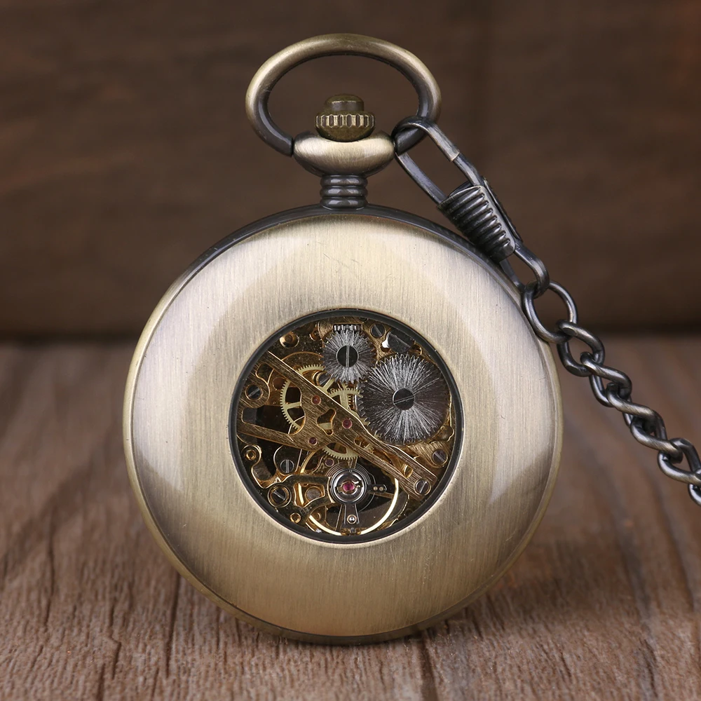 Wooden Men Pocket Watch Cool Luxury Lover Gift Chain Mechanical Hand Winding Bronze Watch Skeleton Steampunk Men Watch