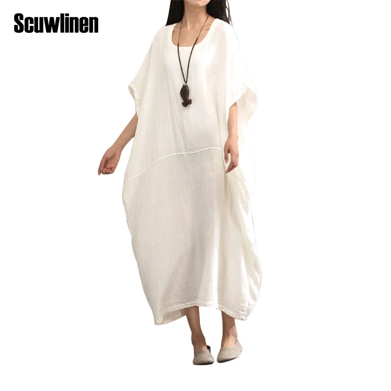SCUWLINEN 2020 Spring Summer Dress Vintage Long Plus Size Batwing Sleeve Cotton Female Solid Casual Loose Robe W07 | Женская одежда