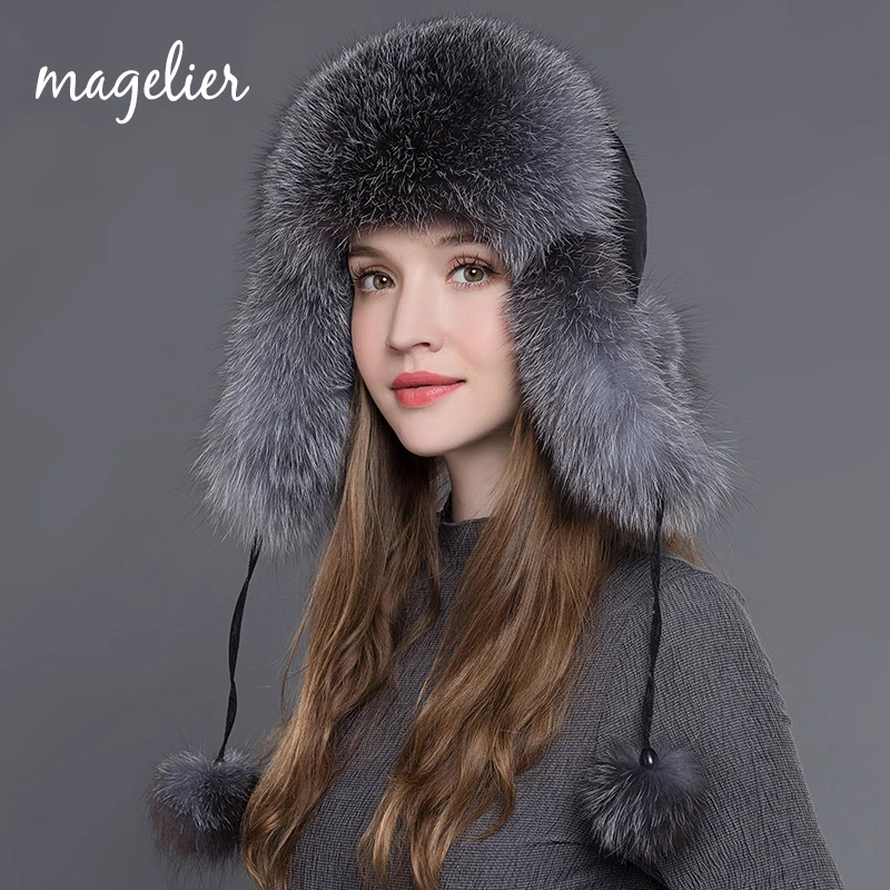 Magier, женские меховые шапки, натуральный мех енота и лисы, русская ушанка, зимние теплые уши, модные шапки-Бомберы, Новое поступление, MZW009