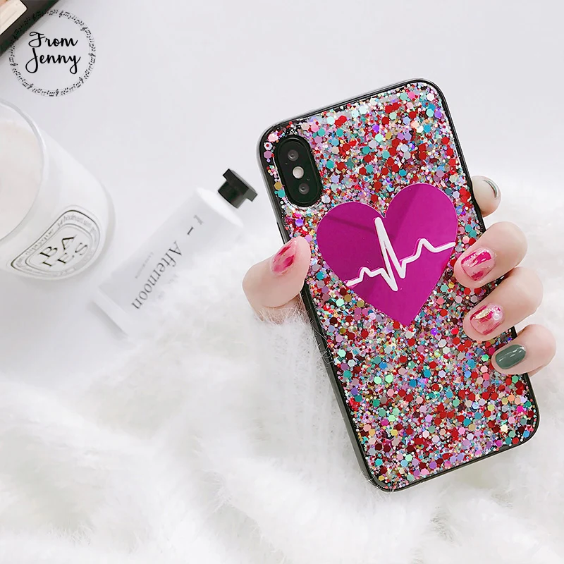 From Jenny Crystal Love Heart Phone Case for iphone 7 7plus 6 6s 6plus 6splus 8 8plus X Rosepink glitter Soft back cover |
