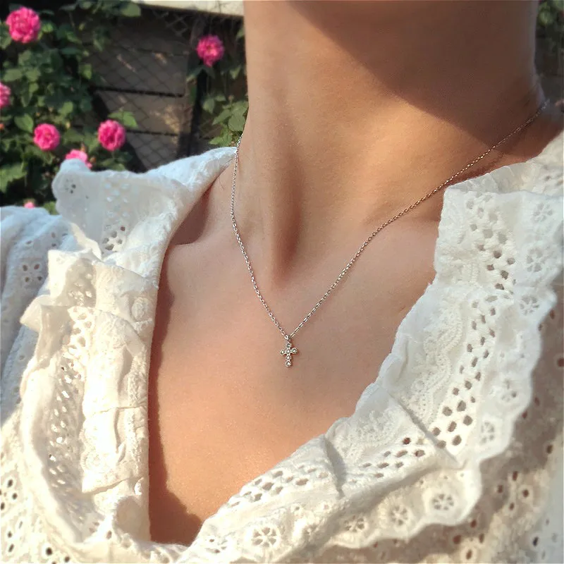 Fengxiaoling New Fashion 925 Sterling Silver Mini Cross Inlaid Zircon Pendant Necklaces For Women Yellow Party Necklace