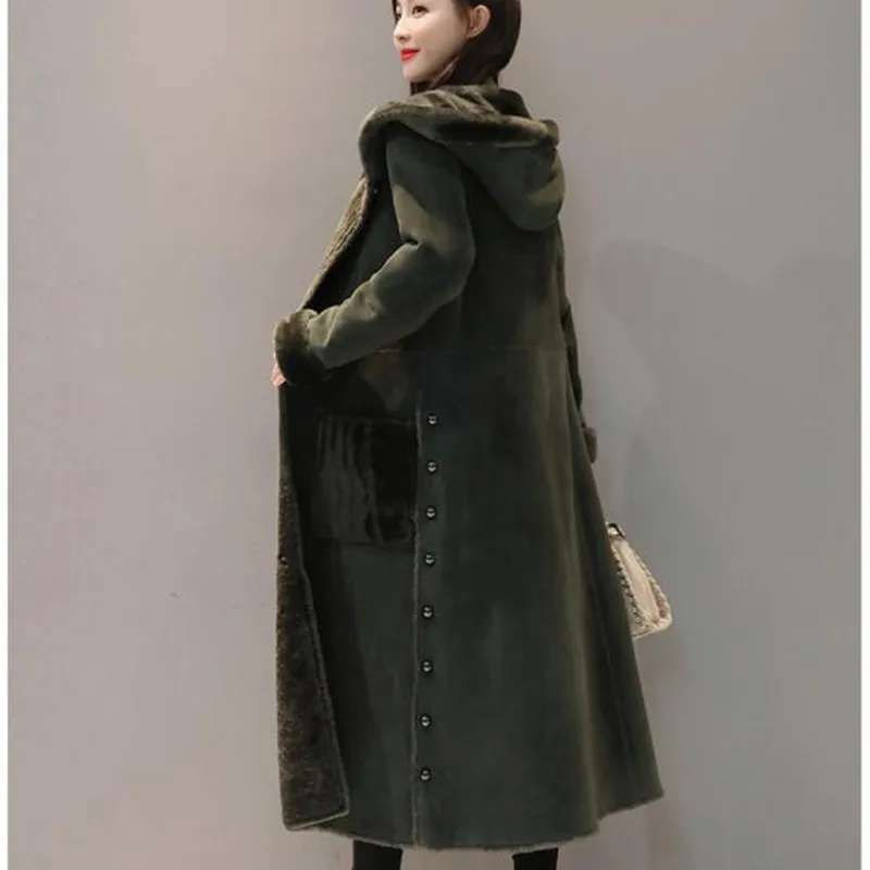2018 spring winter military jackets woman side split thermal thicken flocking maxi long suede jacket coat with a hood | Женская одежда