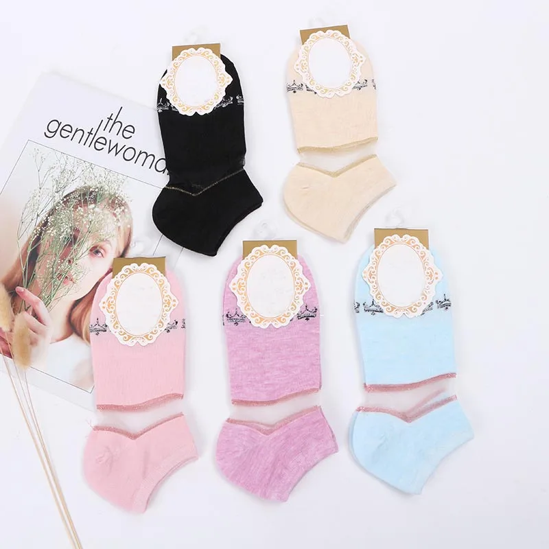 

[WPLOIKJD]Five Pairs Of Socks Transparent Ultrathin Ship Women Socks Casual Socks Patchwork Color Crystal Silk Stripe Socks