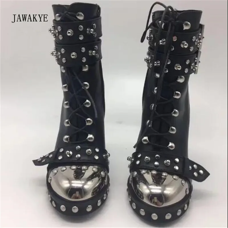 2017 черные кожаные ботильоны в стиле панк женская обувь на высоком каблуке с