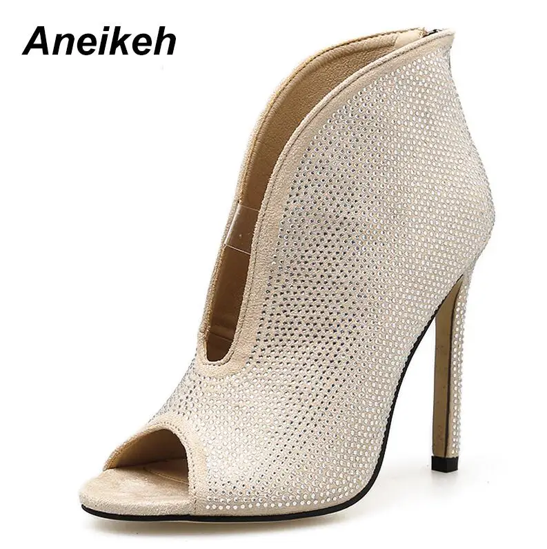apricot Aneikeh/ г. Весенние ботильоны из PU искусственной замши женская обувь с глубоким v-образным вырезом и стразами ботинки «Челси» на высоком каблуке, туфли-лодочки слипоны на тонком каблуке - Цвет: apricot