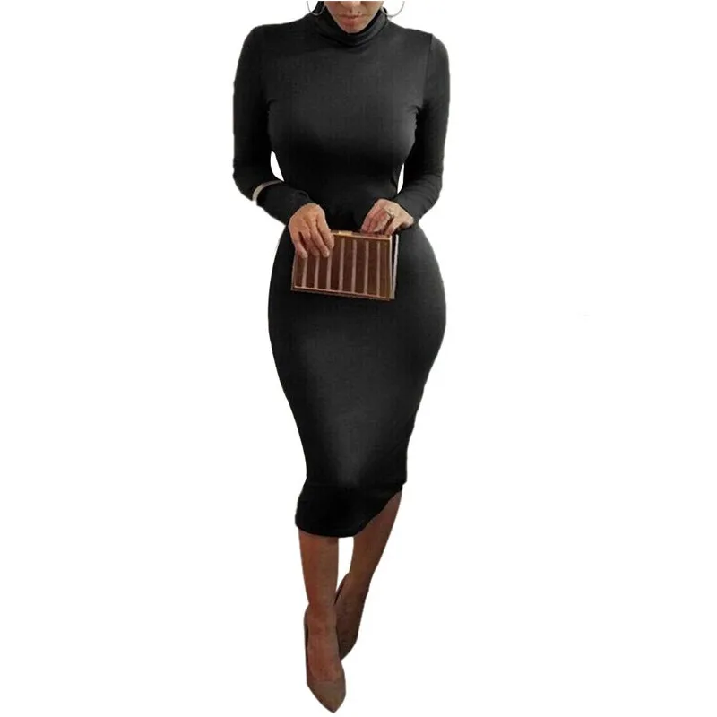 Sexy Women Bandage Dress Spring Autumn Turtleneck Slim Long Sleeve Bodycon Fashion High Neck Club Wrap Pencil Dresses | Женская одежда