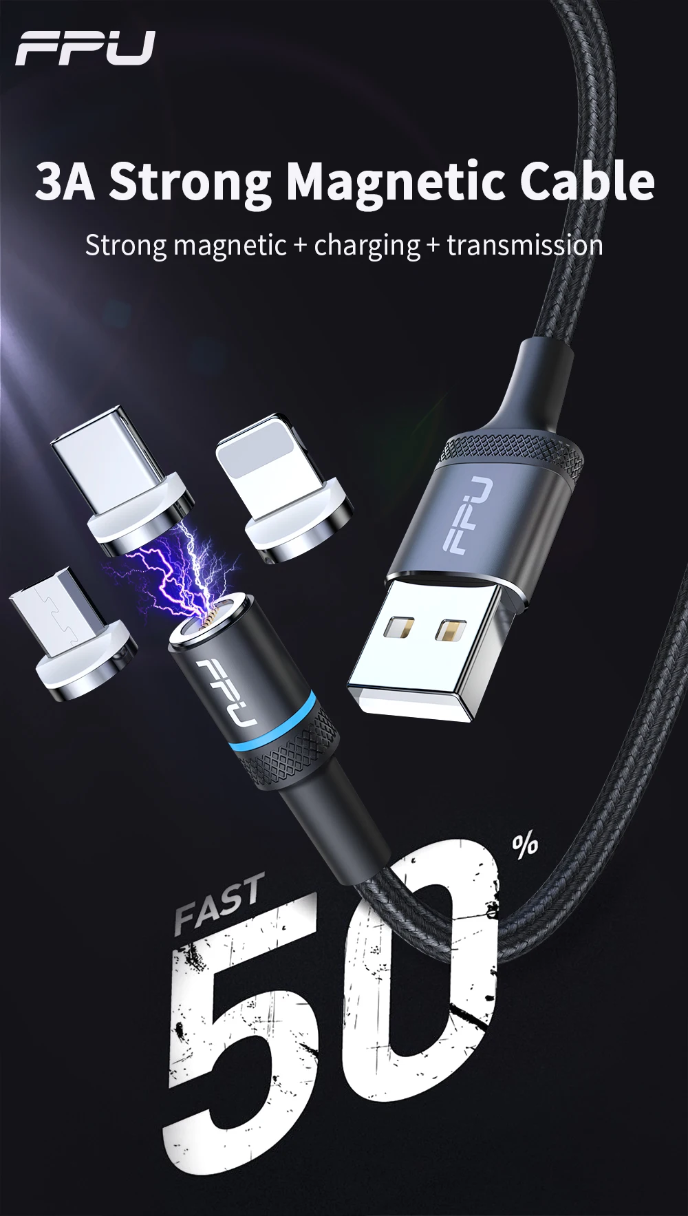 FPU Магнитный кабель Micro usb type C для iPhone кабель 1 м 2 м 3A провод для быстрой зарядки провод type-C магнит зарядное устройство кабели для мобильных телефонов