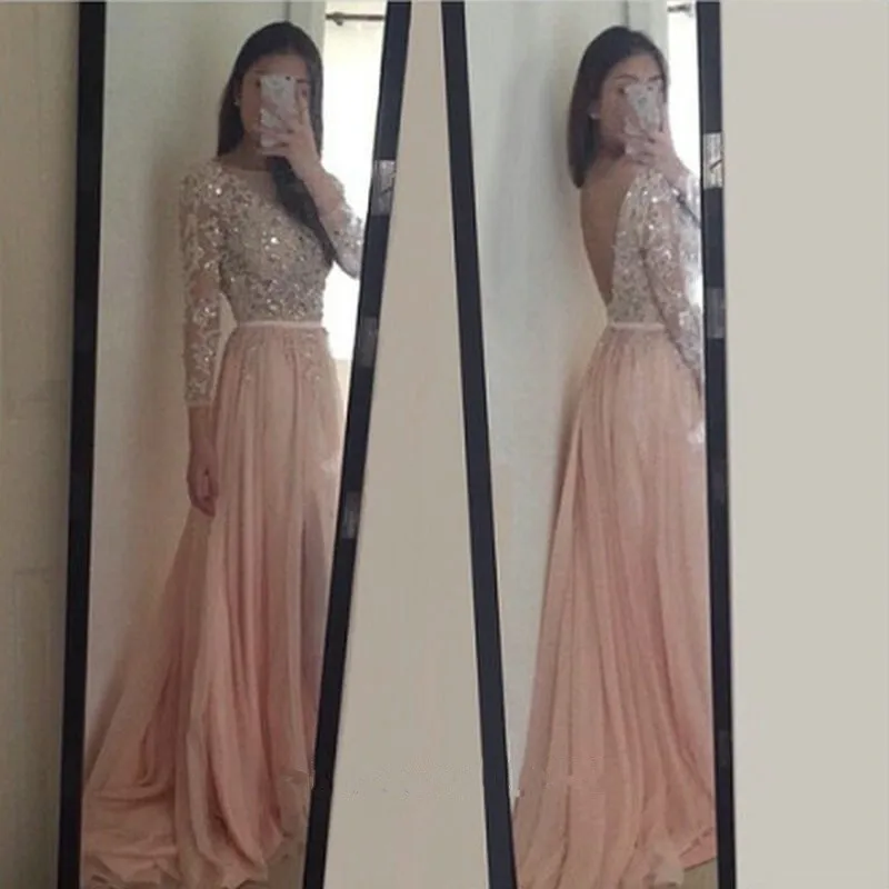 

2020 A-line Evening Party Dresses Gown Long Sleeves Evening Gown robe de soiree V Back vestido de festa Chiffon Prom Dresses