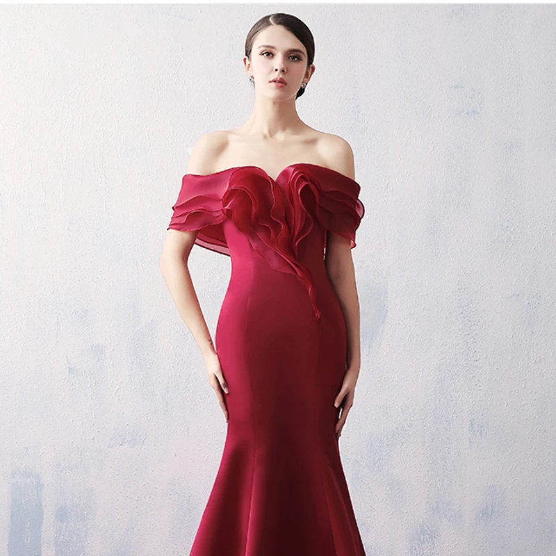 Элегантные бордовые с открытыми плечами оборки Vestidos De Festa открытой спиной