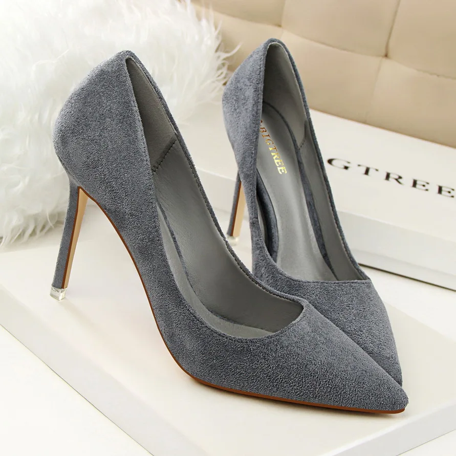Новые модные женские офисные туфли на высоком каблуке с острым носком; однотонные женские туфли из флока на высоком каблуке; 9 цветов