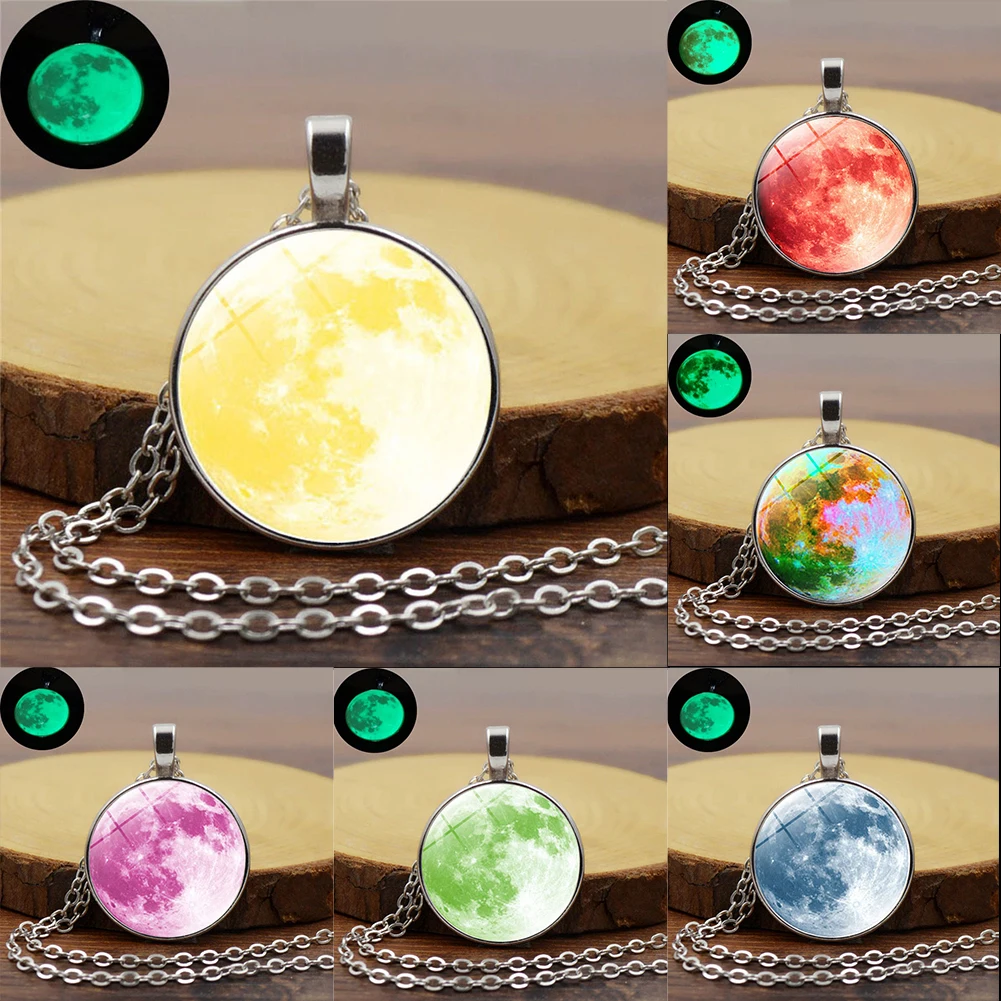 Glow In The Dark Glass Cabochon Pendant All-Match Moon Plated Sweater Chain Necklace Dream Starry Luminous Planet | Украшения и