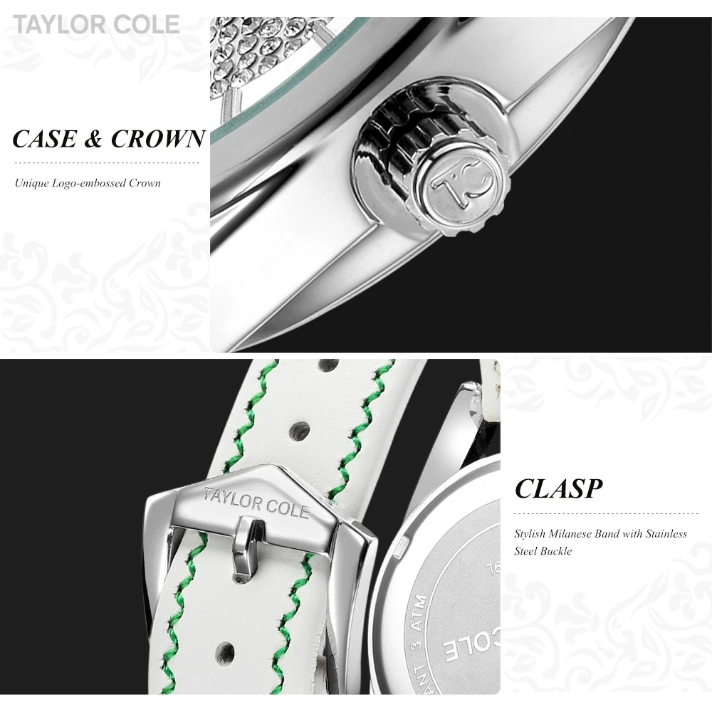 Женские часы с серебряным кристаллом Taylor Cole белые элегантные кварцевые кожаным