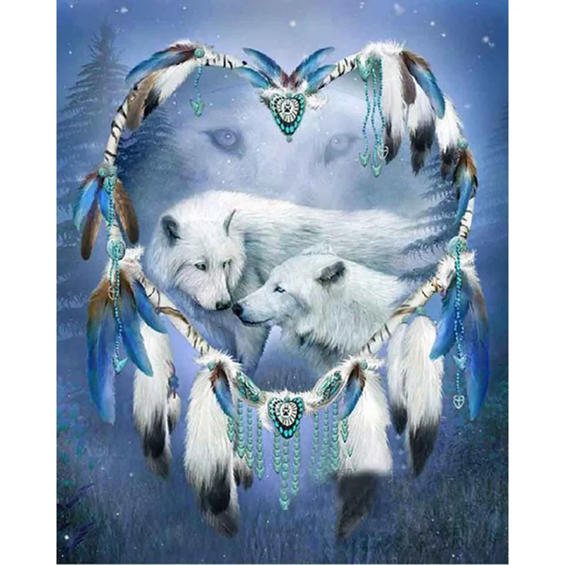 

DIY 5D Diamond Painting Diamond Embroidery Two White Wolves Picture Of Rhinestones Mosaic Drawings Dreamcatcher KBL