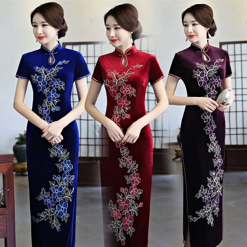 SHENG COCO китайское велюровое вечернее синее платье Cheongsam дамское длинное Шанхай Chipao