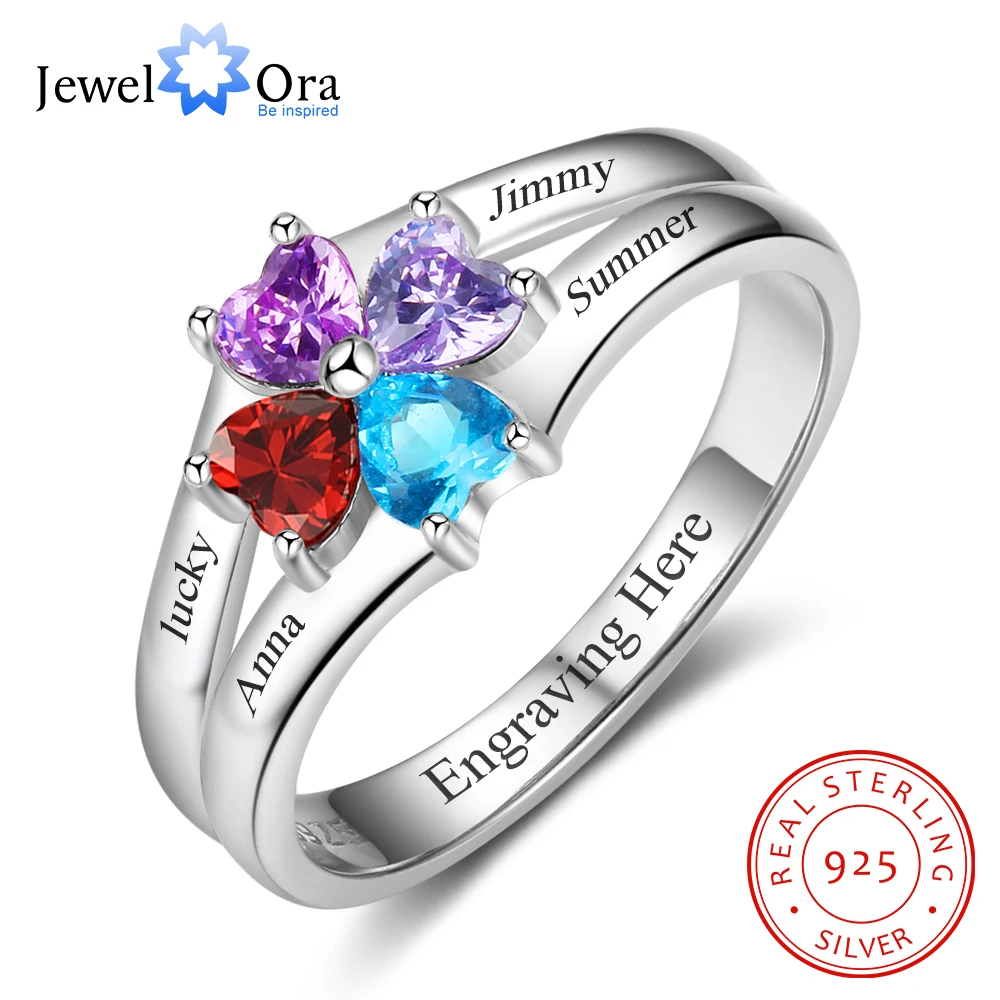 

Family Ring Personalized 4 Birthstone Engrave 4 Name Rings For Mom 925 Sterling Silver Anniversary Jewelry (JewelOra RI102986)