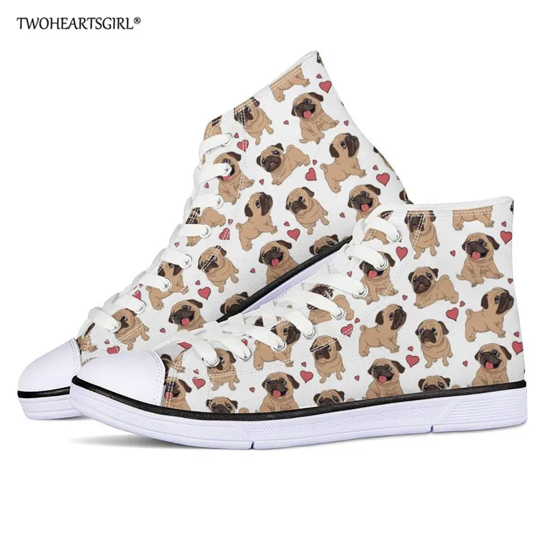 Twoheartsgirl Hippies Pug Women Lace up Canvas Shoes High-top Comfortable Vulcanized Students High Quality Sneakers | Обувь