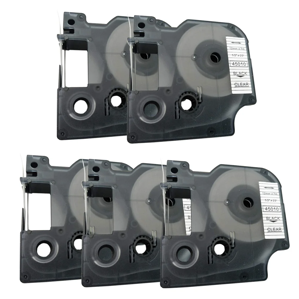 

5 Pack Replacement 45010 For DYMO Permanent Self-Adhesive D1 Polyester Label Tape Makers 1/2-inch 12mm Black Print on Clear 23ft