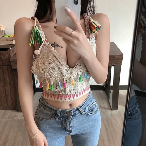 Женский укороченный топ с глубоким V образным вырезом в этническом стиле|Майки| |