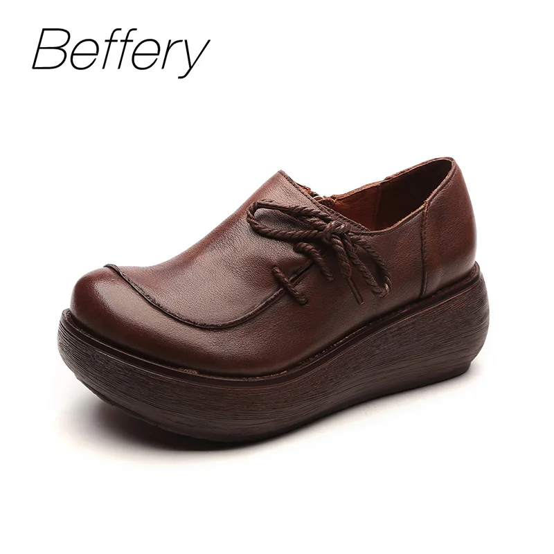 Beffery 2018 Spring Summer style Genuine Leather Flat Platform Shoes Women Retro Round toe Ultra-soft Thick bottom Casual | Обувь