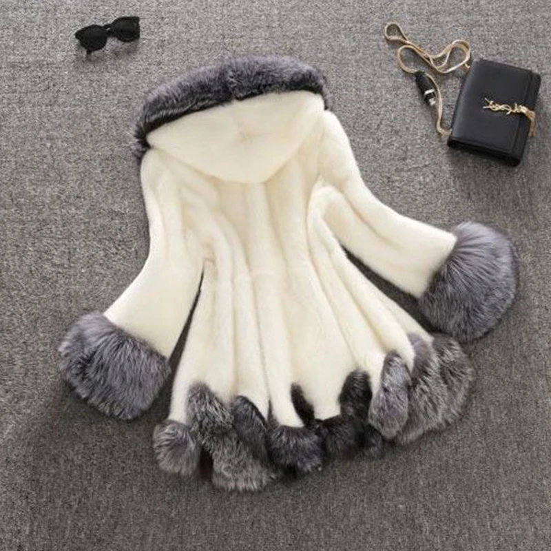 High Imitation Fur Coat Women Silver Fox Collar Hooded Mink Medium-long Overcoat Winter PC166 | Женская одежда