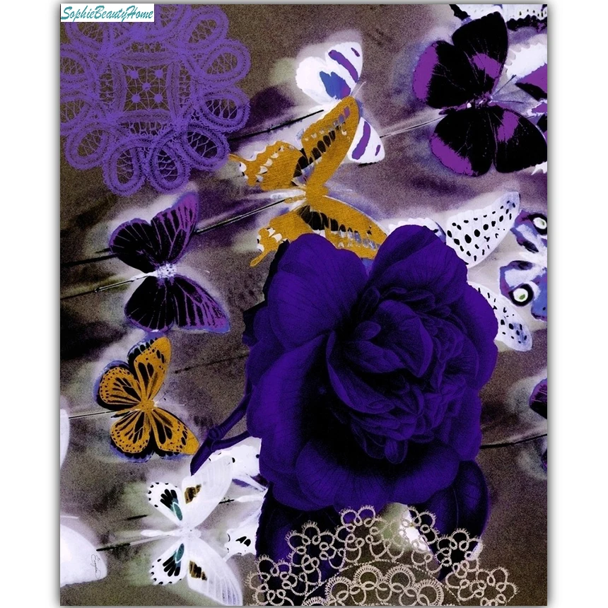 Sophie beauty home DIY Алмазная вышивка 5D роспись крестиком 3D фиолетовая Роза бабочка