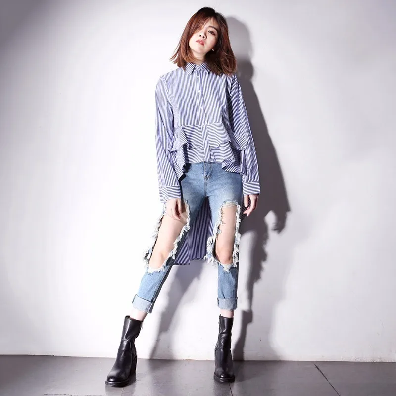 TWOTWINSTYLE полосатая блузка Женский воротник с лацканами лоскутное оборками Высокая