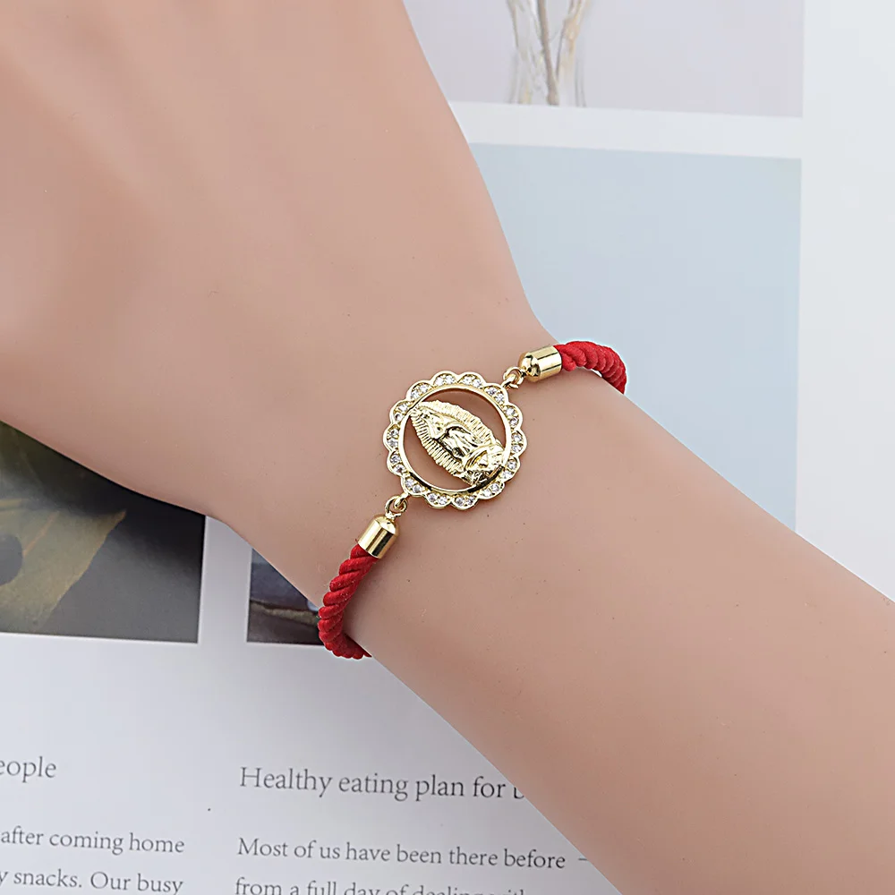 Кубический цирконий Девы Мэри регулируемый браслет с бусинами красная веревка