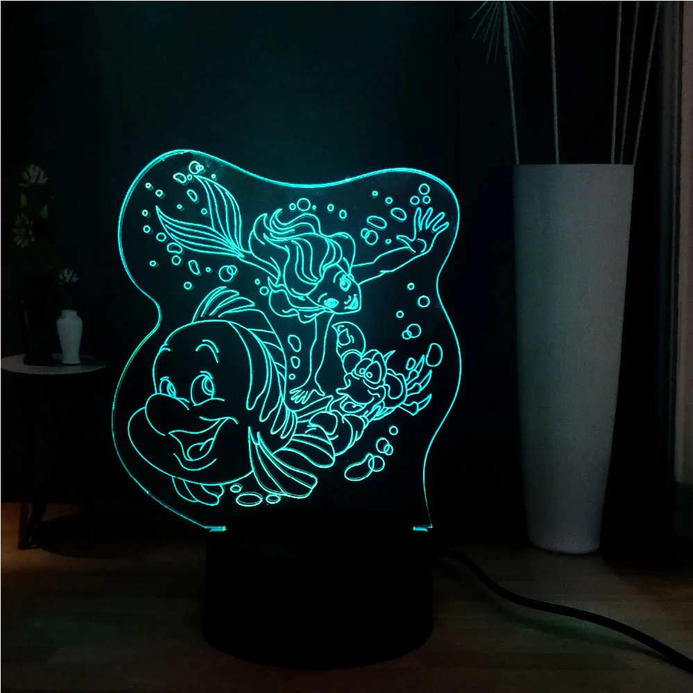 Новый 3D иллюзия мультфильм лампа Русалочка 7 цветов Изменение USB пульт
