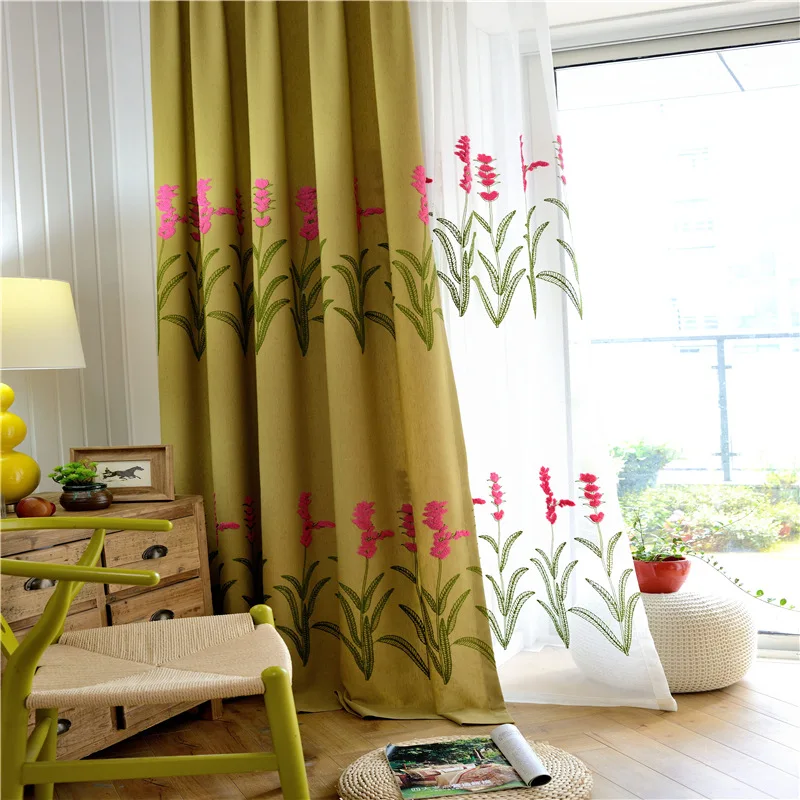 Шторы из льна и хлопка затемняющие в пасторальном китайском стиле с цветочным