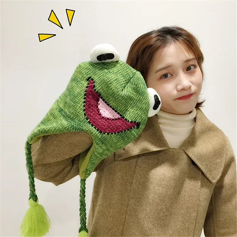Милые забавные трехмерные шляпа лягушки вязаный шерстяной реквизит для