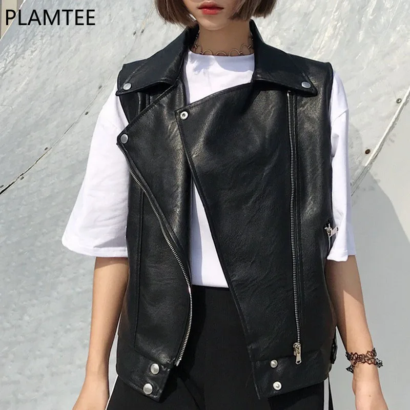 Plamtee Уличная рукавов жилет кожаный для 2017 женская обувь на молнии Короткие Colete