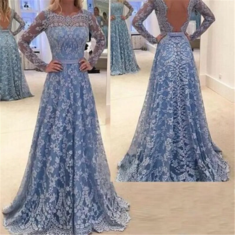 Women Formal High Waist Sexy Backless Dresses Empire Blue Evening Party Ball Prom Gown Long Maxi Dress Lace Flower | Женская одежда