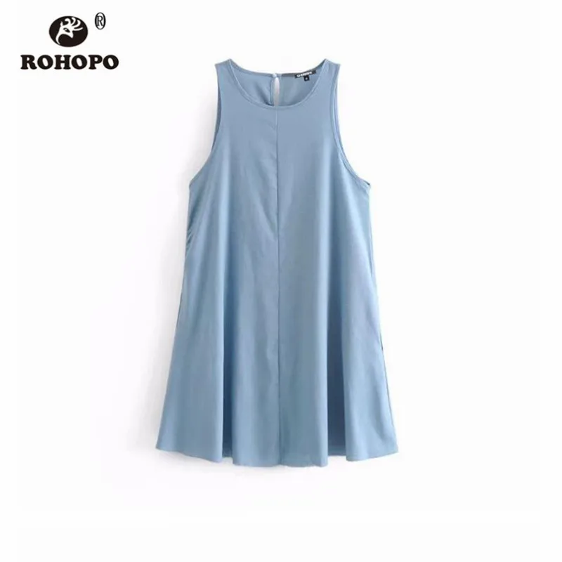 ROHOPO Sky Blue Linen Cotton Sleeveless Baggy Dress Summer Female Chic Trim Flared Mini Girl Breathable Dresses #AZ9254 | Женская одежда