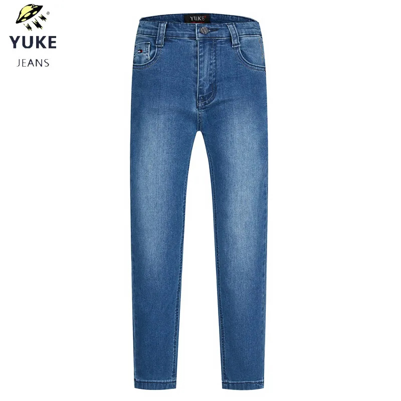 YUKE мальчик, джинсы для женщин Мода эластичная лента Slim Fit повседневные джинсы для мужчин's Стрейчевые прямые джинсы детские От 5 до 10 лет M13727 - Цвет: Синий