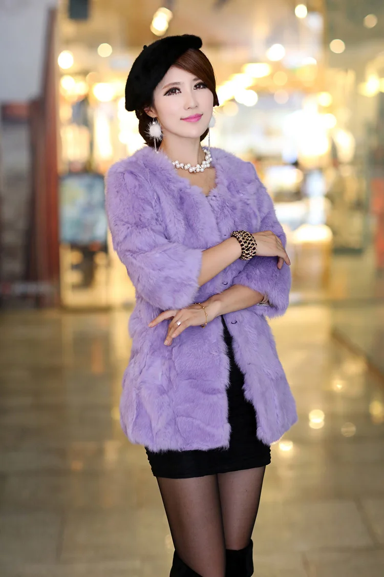 

Large size M - 6XL real rabbit fur coat women medium long O neck three quarter sleeve natural fur women winter coat outerwear