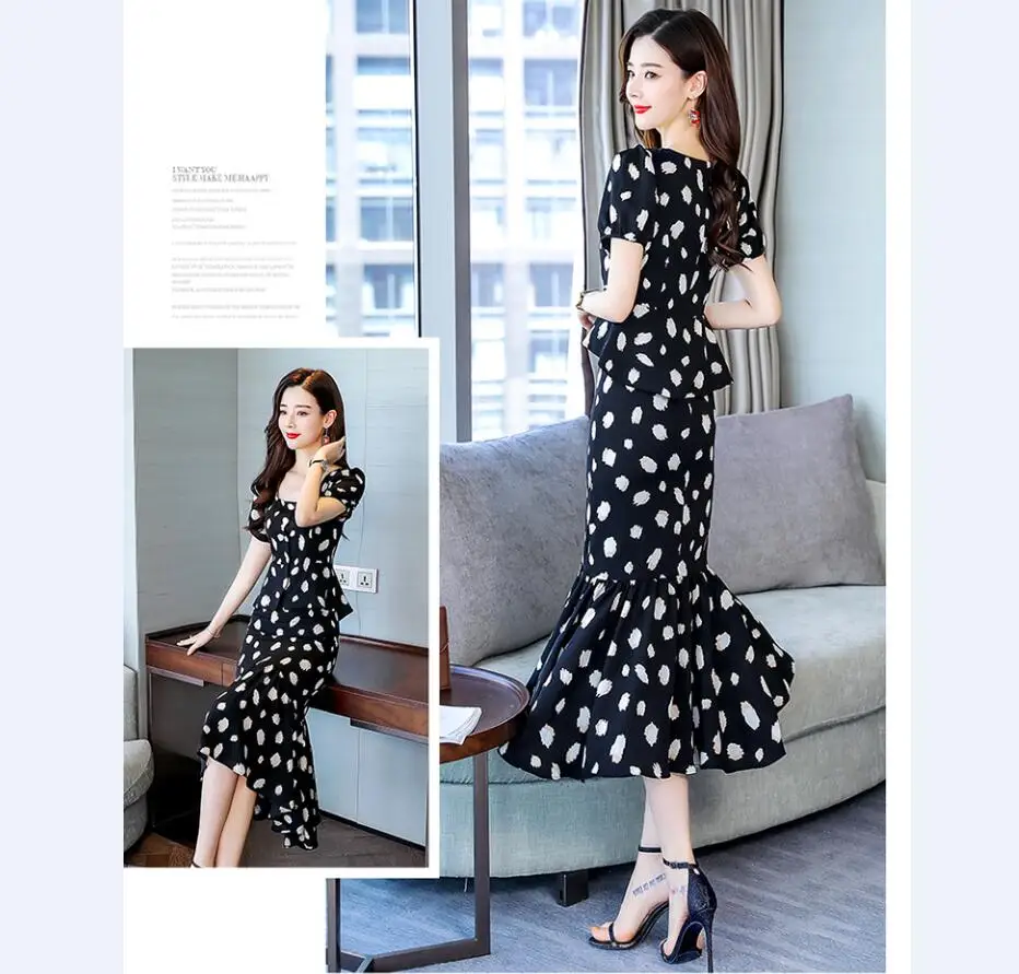 SUmmer Women Two Piece Sets top blouse Shirt and long mermaid Skirt Sets Fashion lady party dot Skirts suits