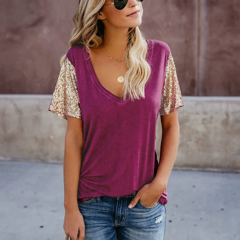 Poleras de mujer 2019 Новая летняя модная женская футболка с пайетками футболки короткими