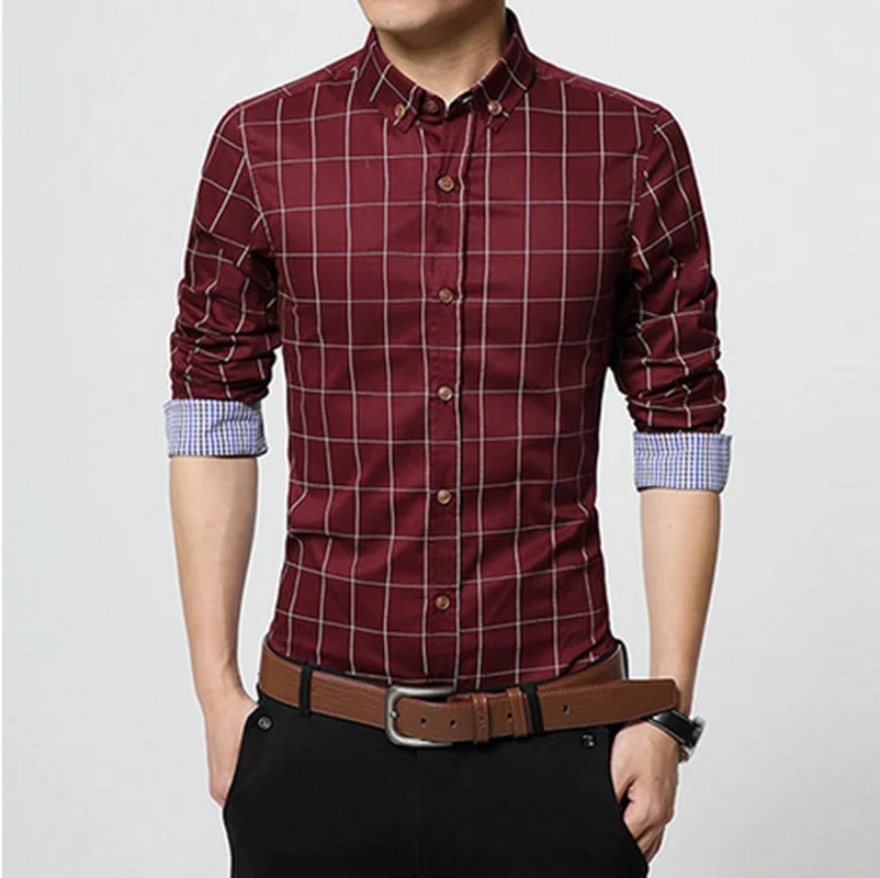 Осень мода бренд мужской одежды Slim Fit Мужская рубашка с длинными рукавами Мужчины