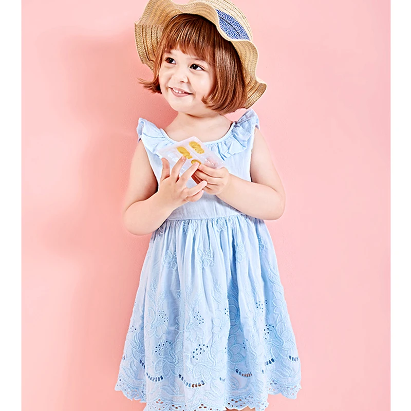 Hurave baby Girl ruffles drawstring bow clothes Children embroidery sleeveless dresses Kids Clothes crew neck dress | Детская одежда и