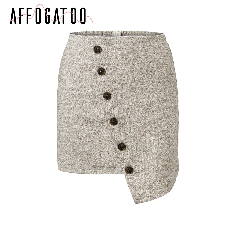 Affogatoo Asymmetric button tweed mini skirt women A line zipper high waist skirt Casual Autumn winter short skirt
