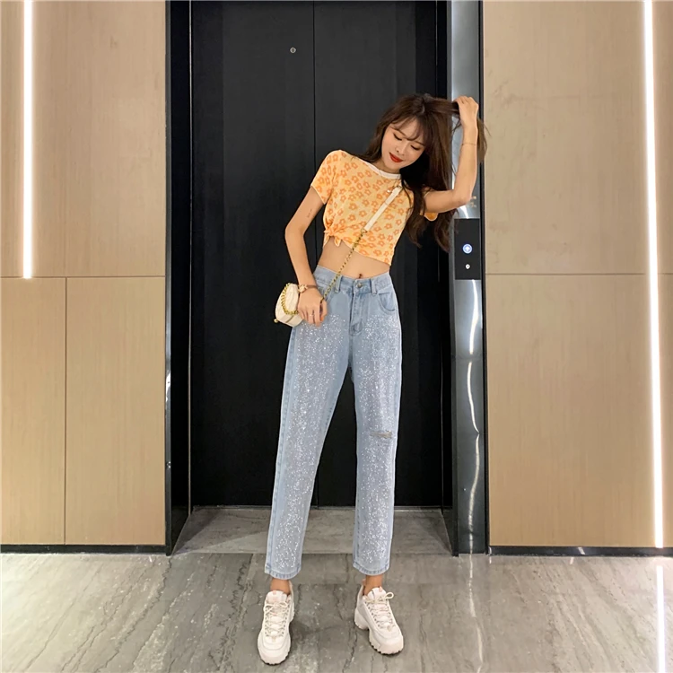 RUGOD Women blue denim pants hole diamond slim high wide leg pants new fashion female jeans femme ripped plus size glitter