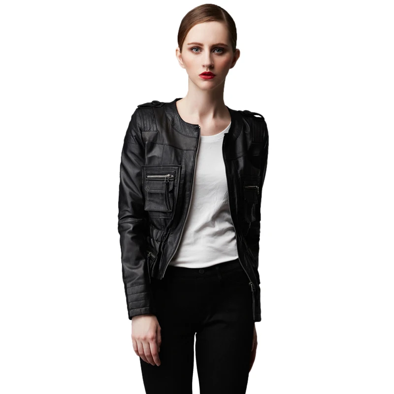 Женская кожаная куртка MAPLESTEED черная/красная облегающая из овчины на весну и