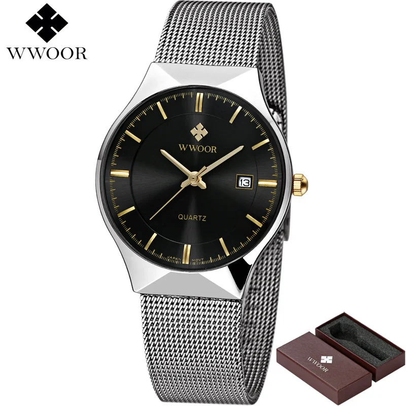 silver black Бренд Класса Люкс мужские Часы Дата 50 м Ультра Тонкий Водонепроницаемый Часы Мужчины Повседневная Кварцевые Часы Мужские Наручные Спортивные Часы relogio masculino - Цвет: silver black