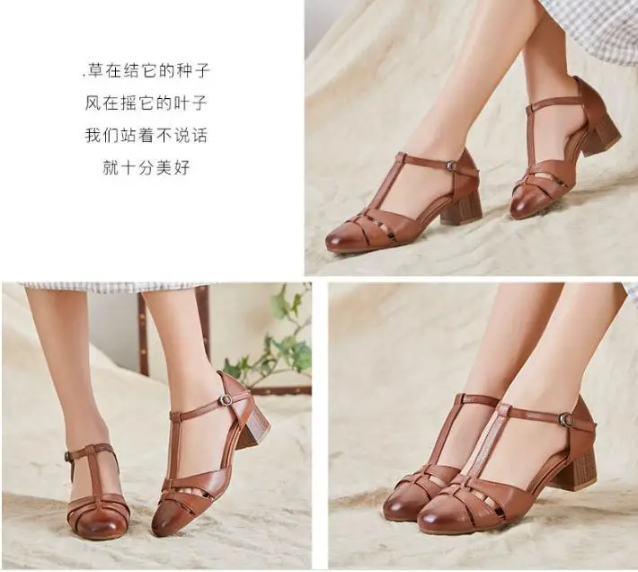 spring and summer new cow leather High heels buckle Crude heel round head retro sandals Female mid heel women's shoes