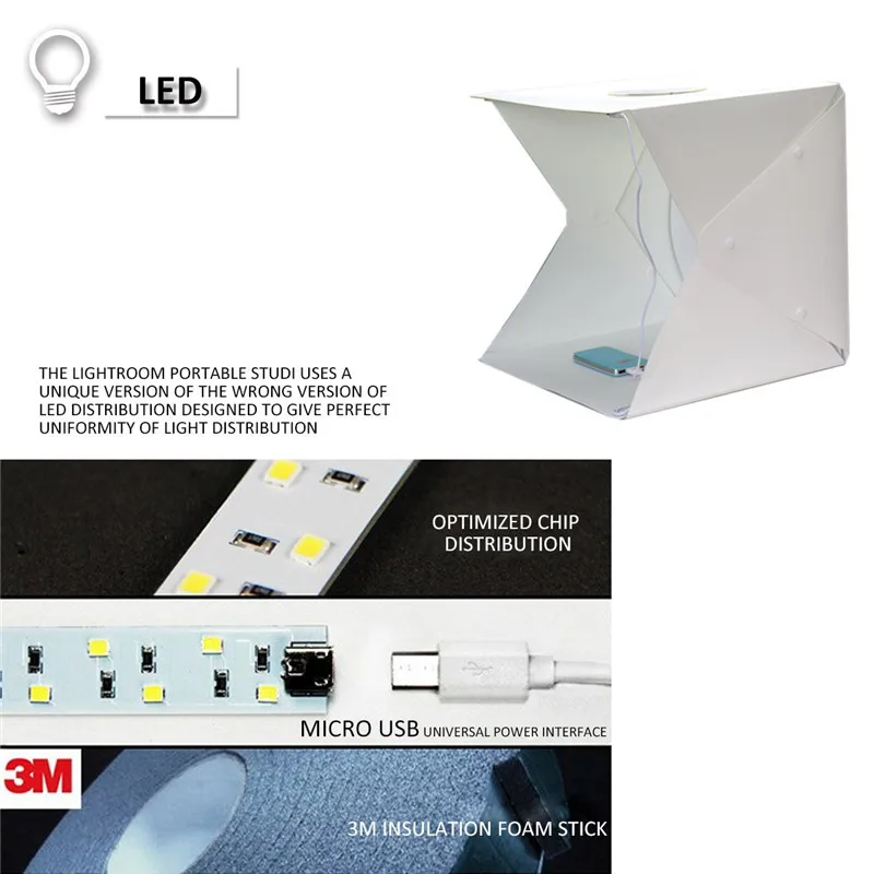 Portable Table Photo Studio Lighting Box 16 inch Mini Foldable LED Light Softbox Kit with 4 Colors Backdrops For Photography | Электроника