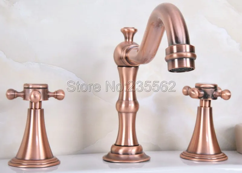 

Antique Red Copper 3 Hole Widespread Bathroom Basin Faucet Deck Mounted Vessel Sink / Bathtub Dual Handle Mixer Taps lr073