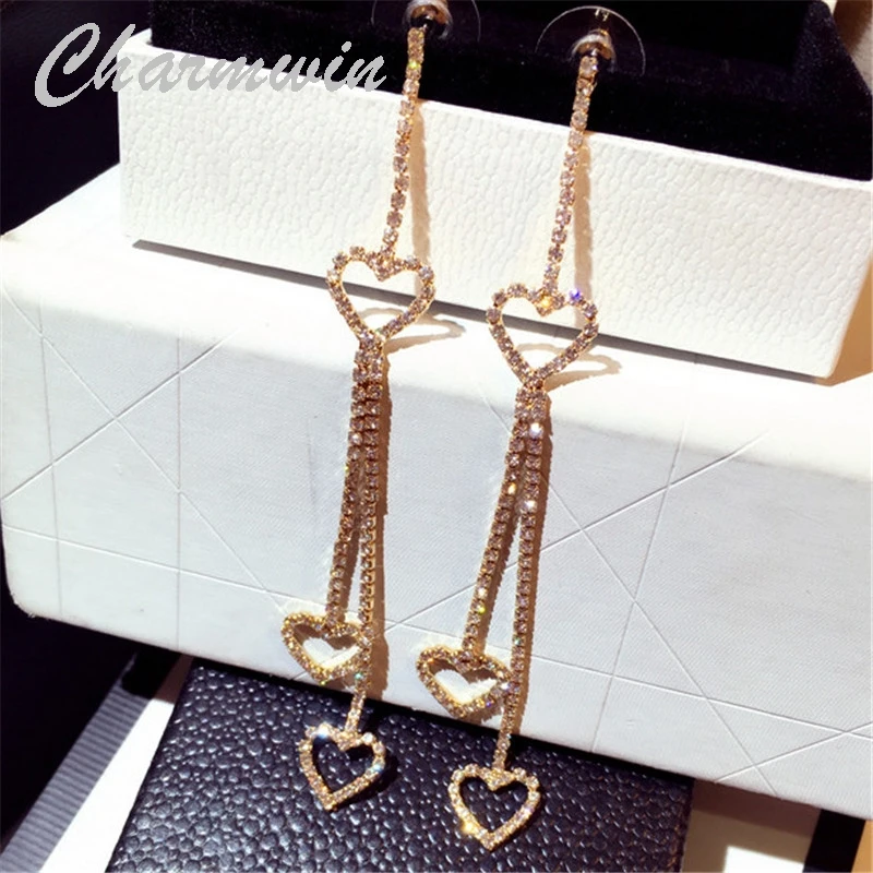

Charnwim New Fashion Tassel Earrings Long Earrings For Women Exaggerated Rhinestone Heart Dangle Earrings Women PE1857