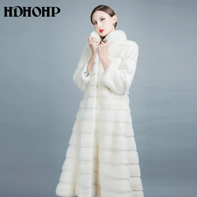 HDHOHP новые зимние пальто из натурального меха с длинной юбкой женские шубы из натуральной белой норки модные тонкие теплые меховые куртки Feamle